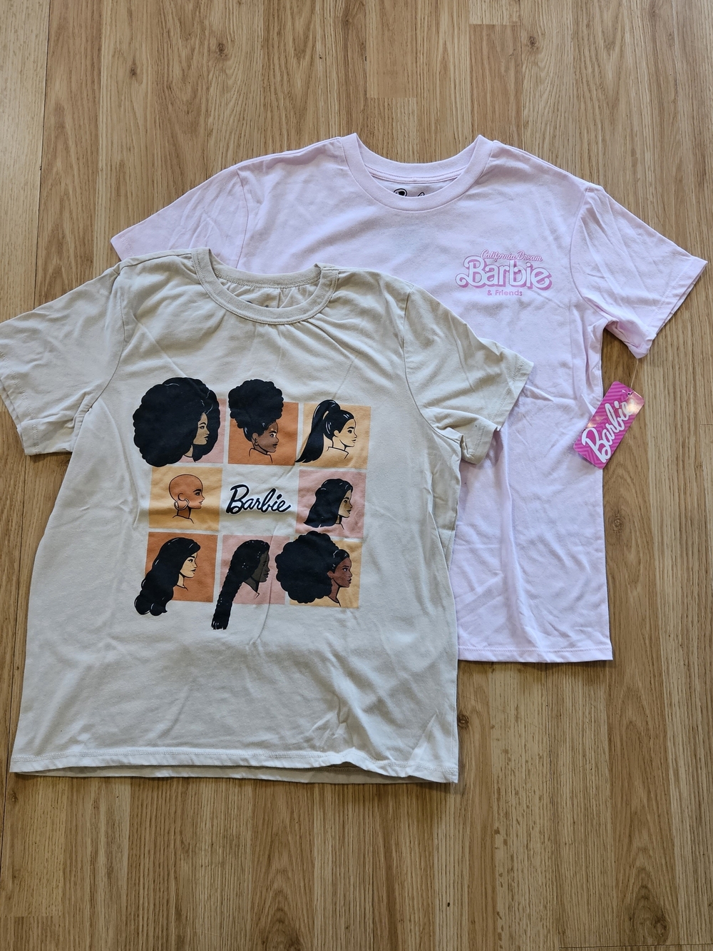 Set of 2 Barbie Short Sleeve Graphic Tee - Tan & Pink Both Size Medium